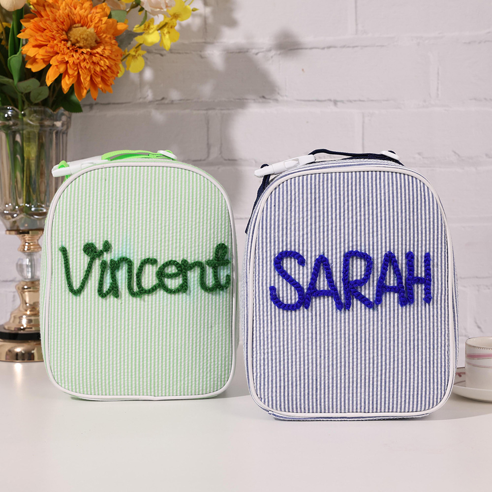 Personalized Kids Hand Embroidery Seersucker Lunch Bag