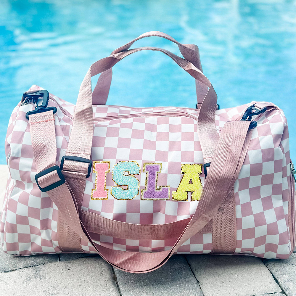 Personalized Chenille Patch Checkered Duffle Bag