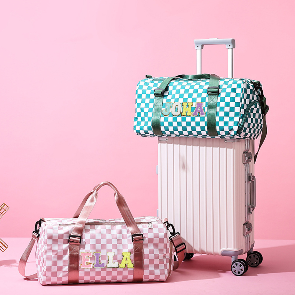 Personalized Chenille Patch Checkered Duffle Bag