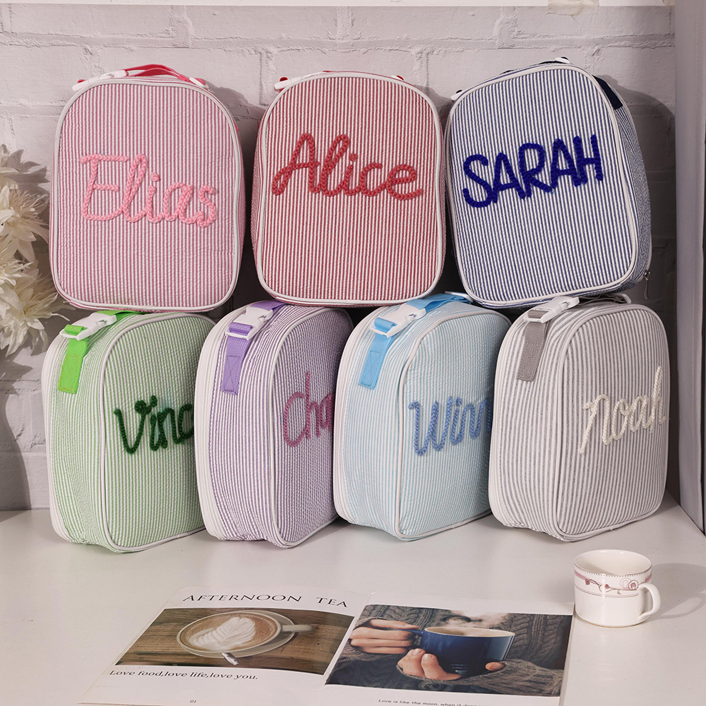 Personalized Kids Hand Embroidery Seersucker Lunch Bag