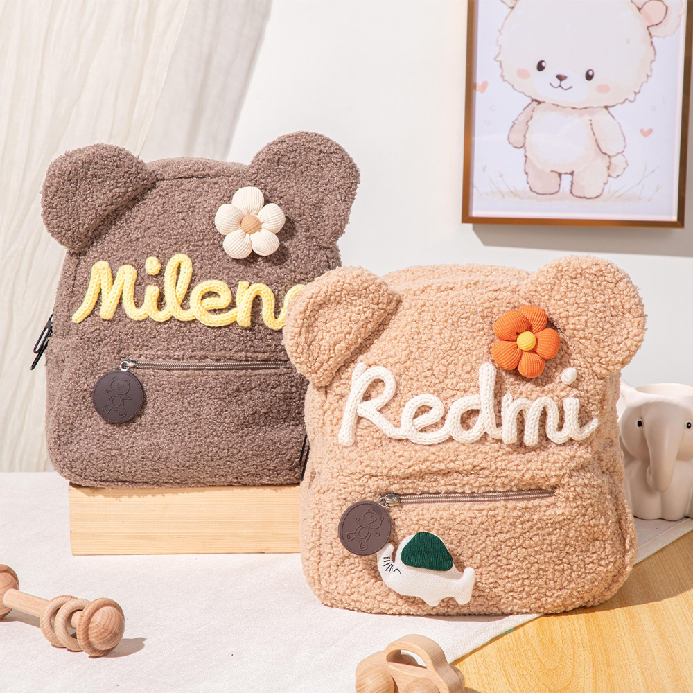 Personalized Hand Embroidery Fluffy Teddy Bear Backpack