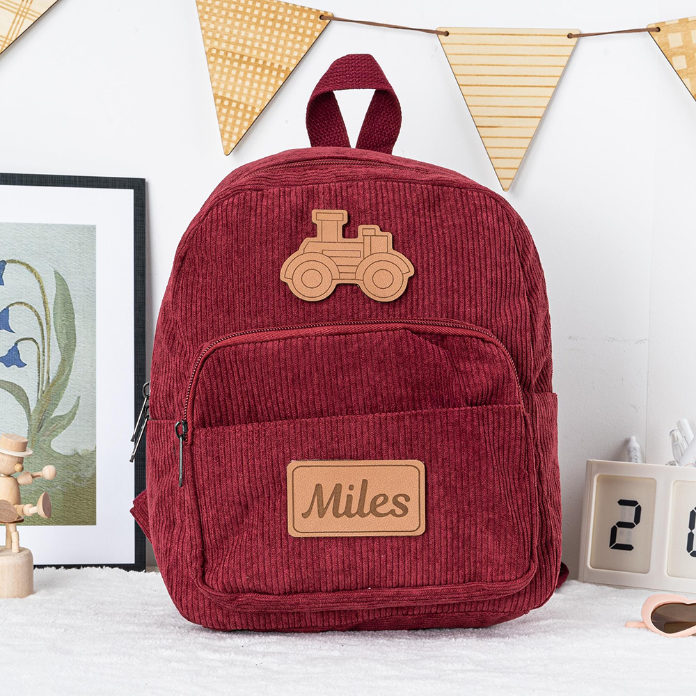 Personalized Kid Transportation Leather Label Corduroy Backpack