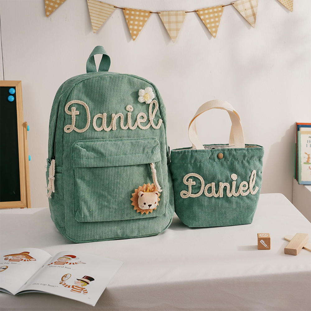 Personalized Hand Embroidery Corduroy Backpack and Handbag Set