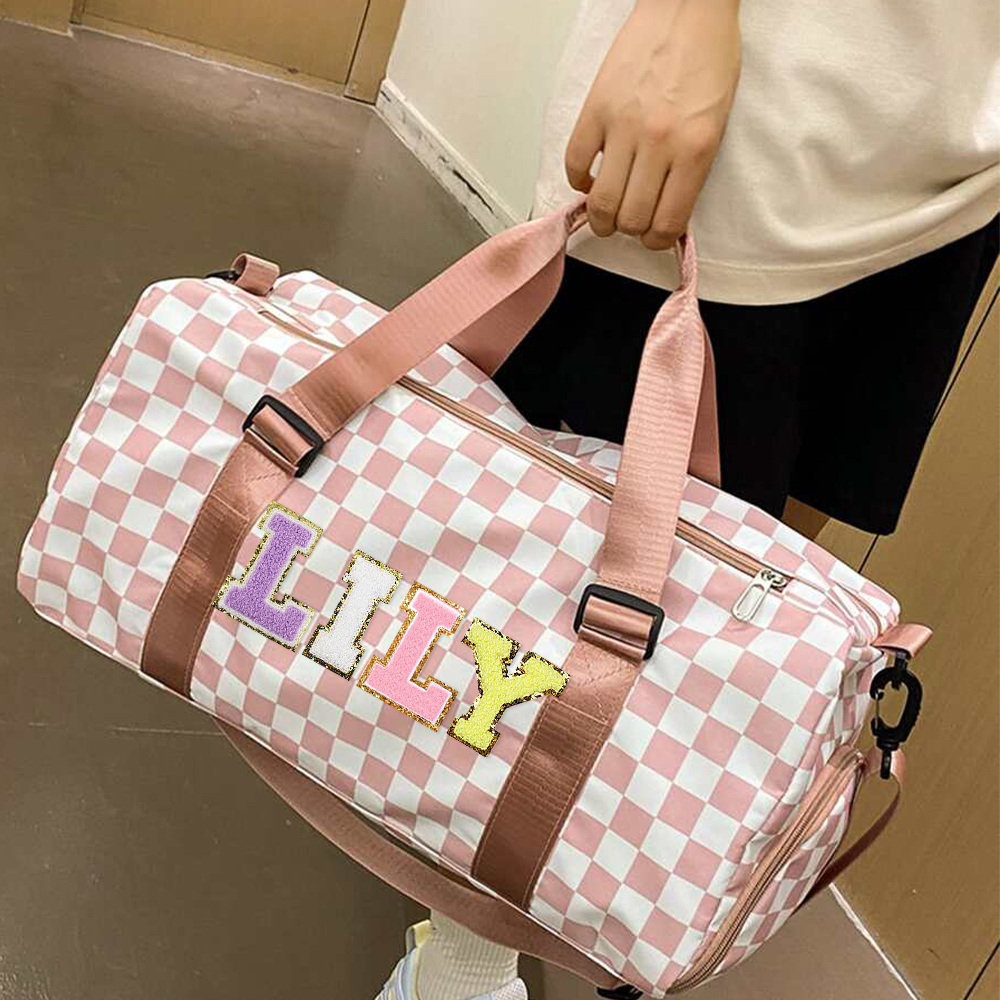 Personalized Chenille Patch Checkered Duffle Bag