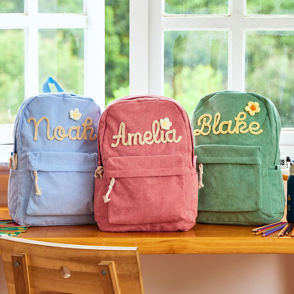 Personalized Hand Embroidered Name Floral School Backpack