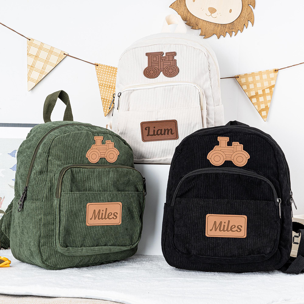 Personalized Kid Transportation Leather Label Corduroy Backpack