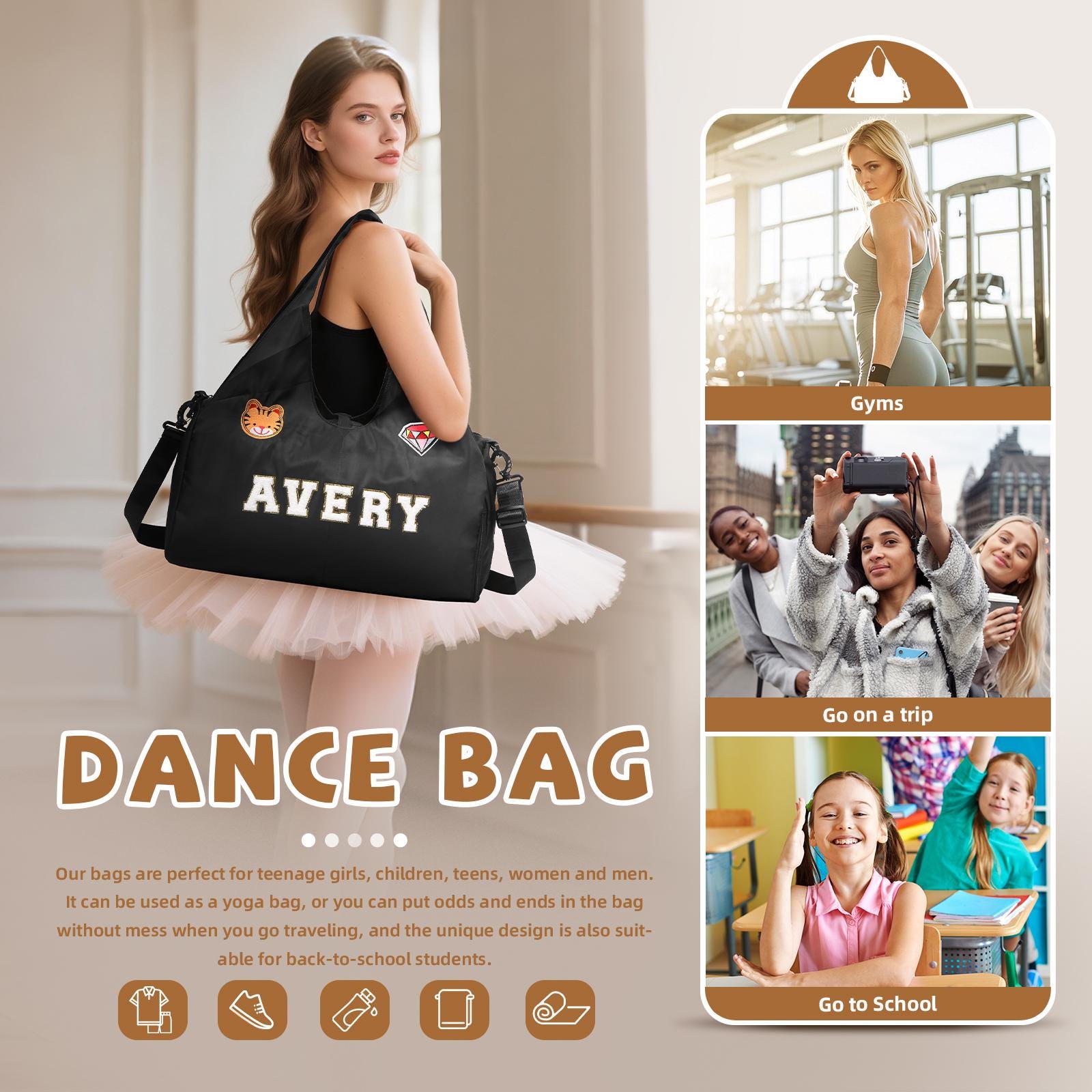 Personalized Chenille Letter Patch WaterProof Sport Travel Bag