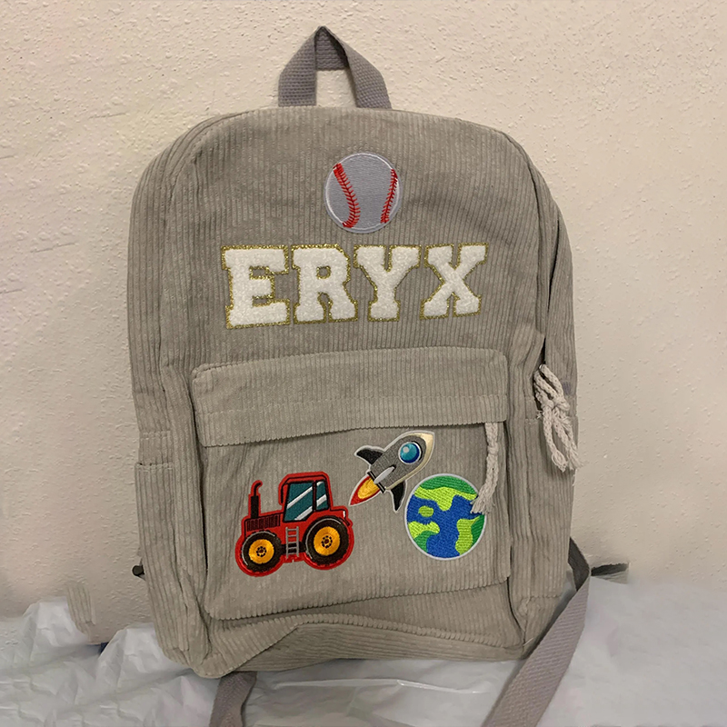 Personalized Name Chenille Patch Corduroy School Backpack