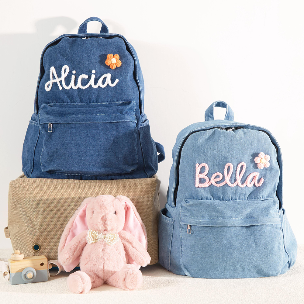 Personalized Lovely Hand Embroidery With Flower Denim Backpack