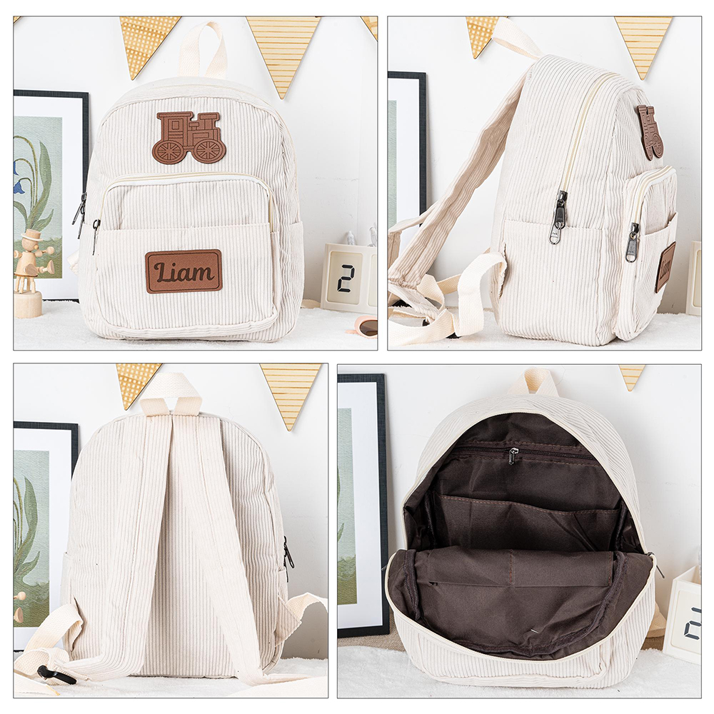 Personalized Kid Transportation Leather Label Corduroy Backpack