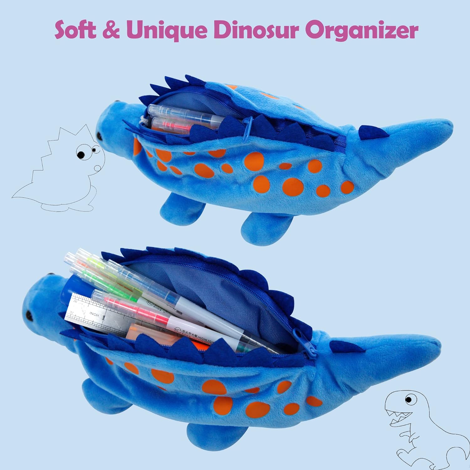 Personalized Zippered Dinosaur Plush Pencil Pouch