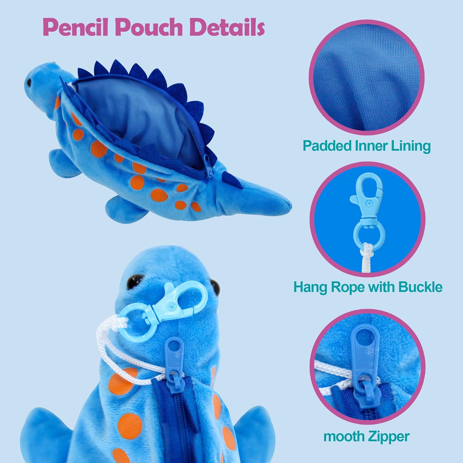 Personalized Zippered Dinosaur Plush Pencil Pouch