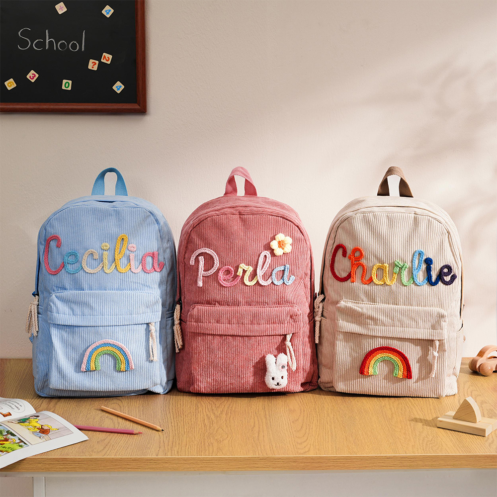 Personalized Hand Embroidery Corduroy Backpack and Handbag Set