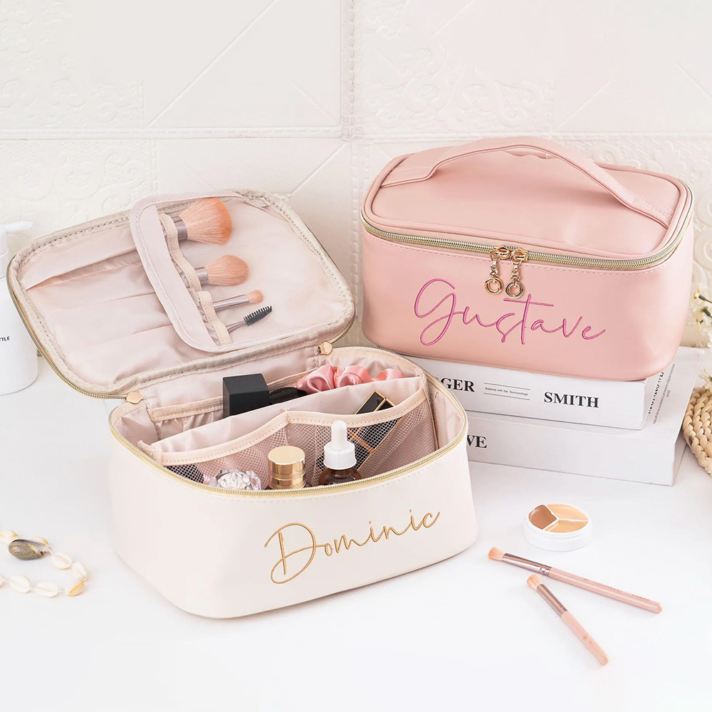 Personalized Embroidered Leather Travel Cosmetic Bag