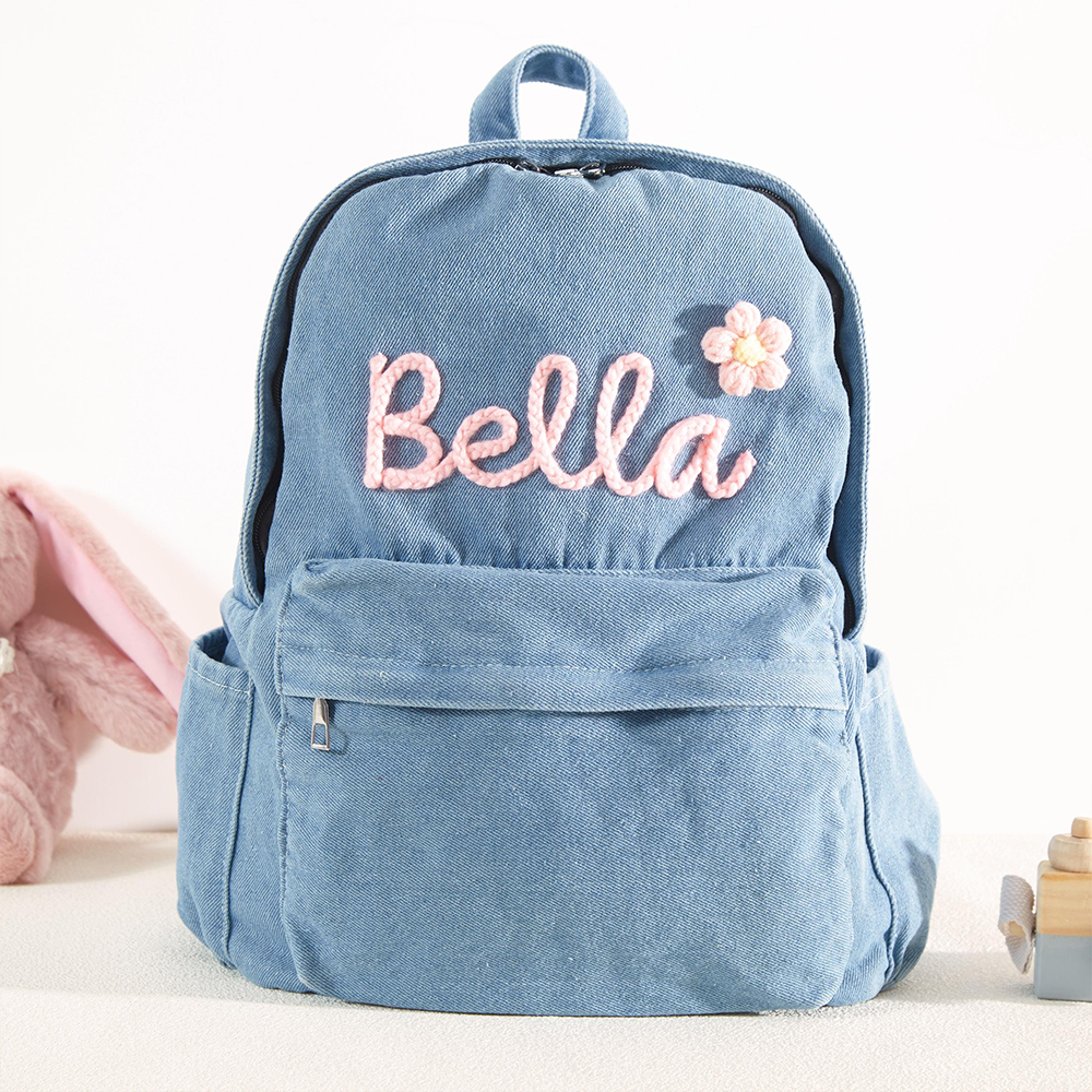 Personalized Lovely Hand Embroidery With Flower Denim Backpack