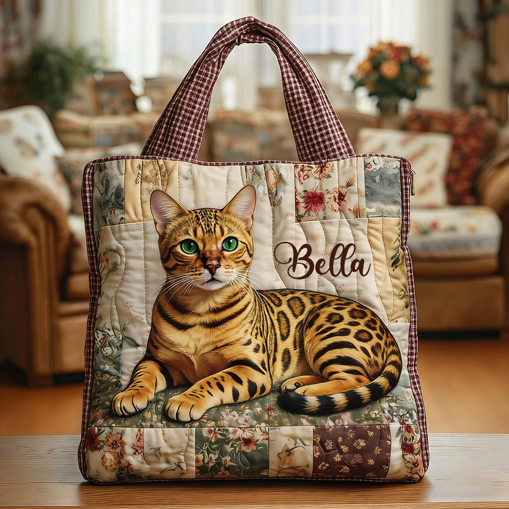 Personalized Crafted Bengal Cat Quilted Tote Bag | VETote15
