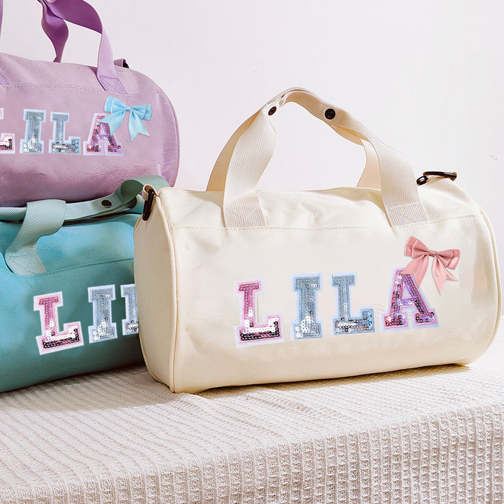 Personalized Glitter Letter Patch Water Proof Duffle Dance Bag with Bow