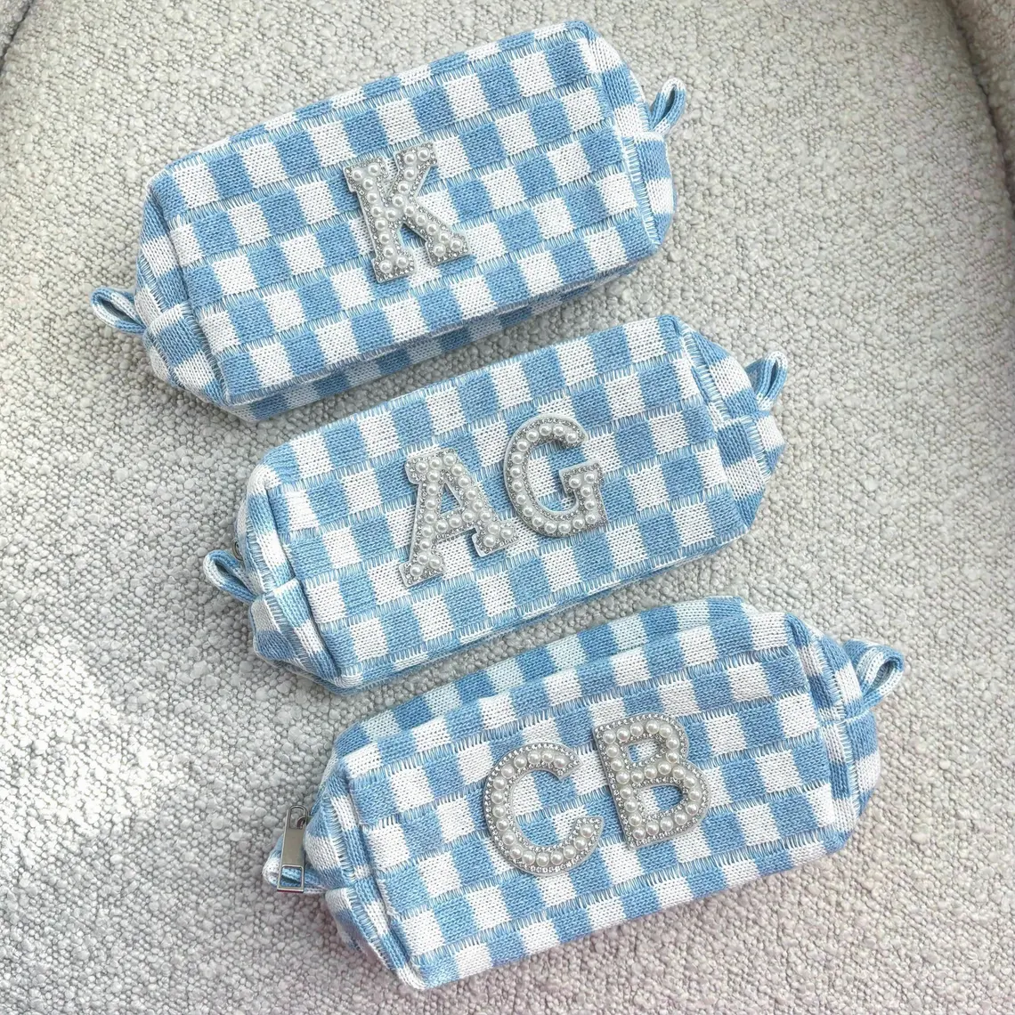 Personalized Checkered Pearl Patch Checkered Makeup Bag