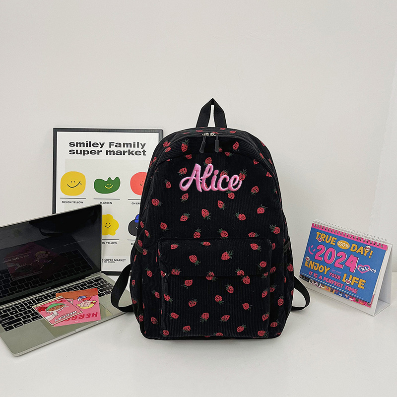 Personalized Embroidery Corduroy Strawberry Backpack