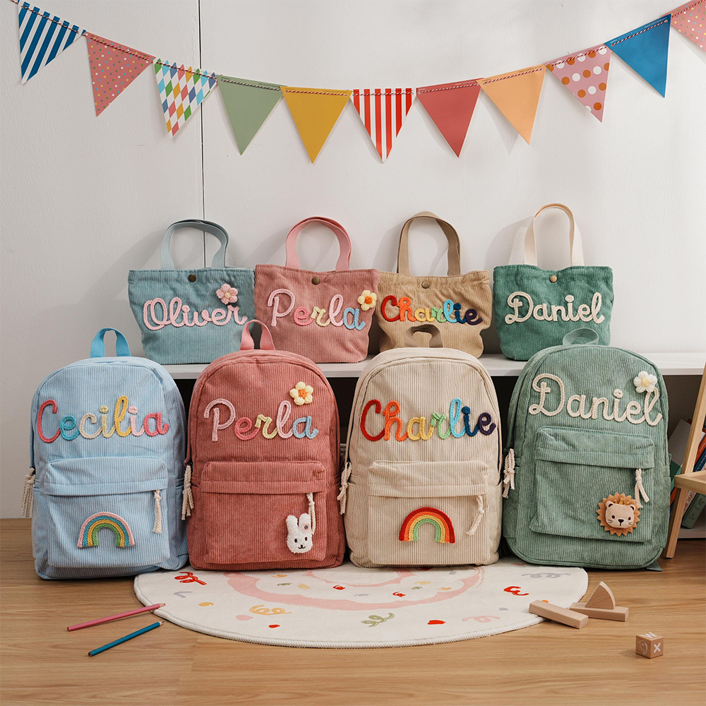 Personalized Hand Embroidery Corduroy Backpack and Handbag Set