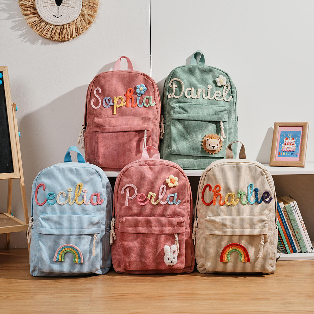 Personalized Hand Embroidery Corduroy Backpack and Handbag Set