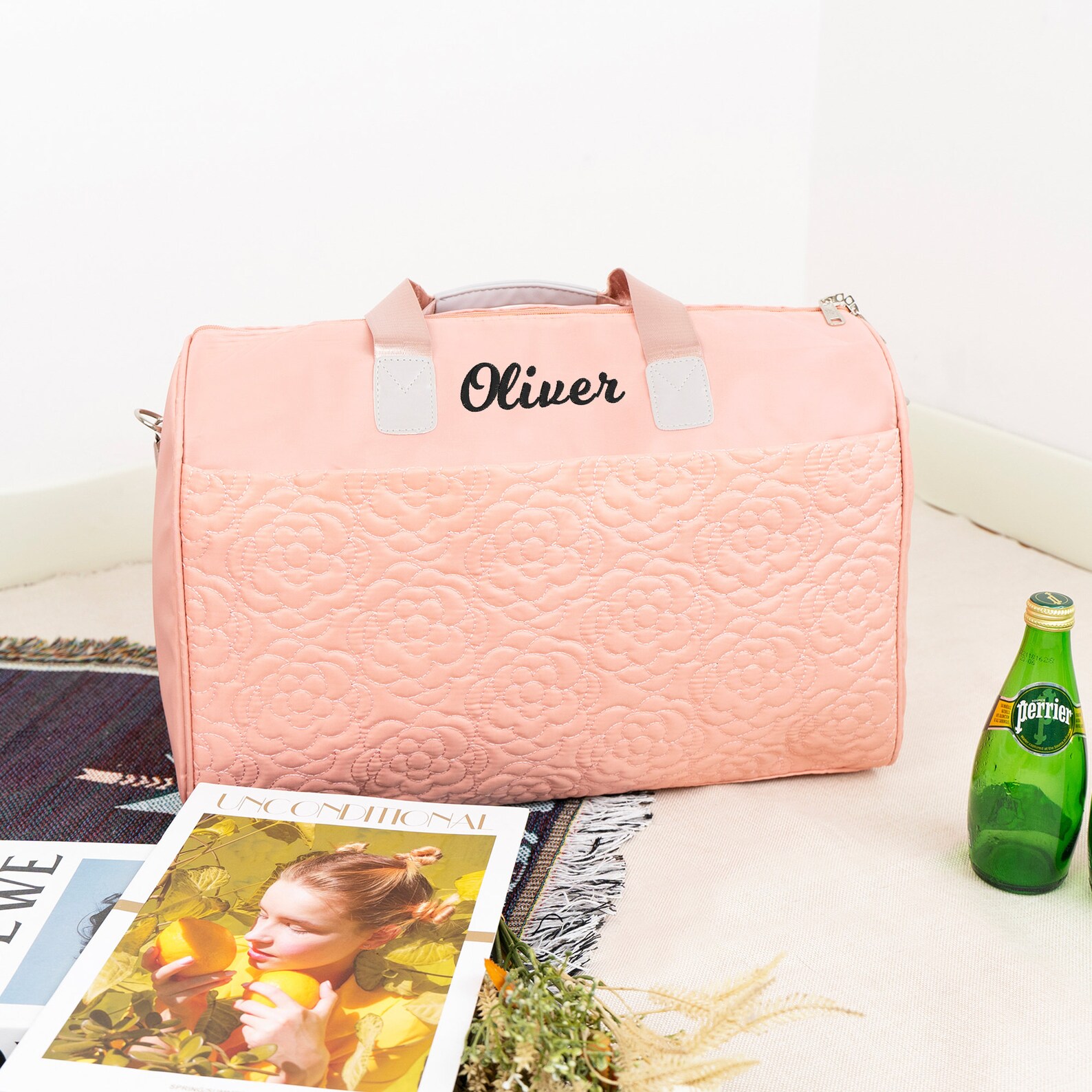 Personalized Embroidery Floral Oxford Fabric Duffle Bag