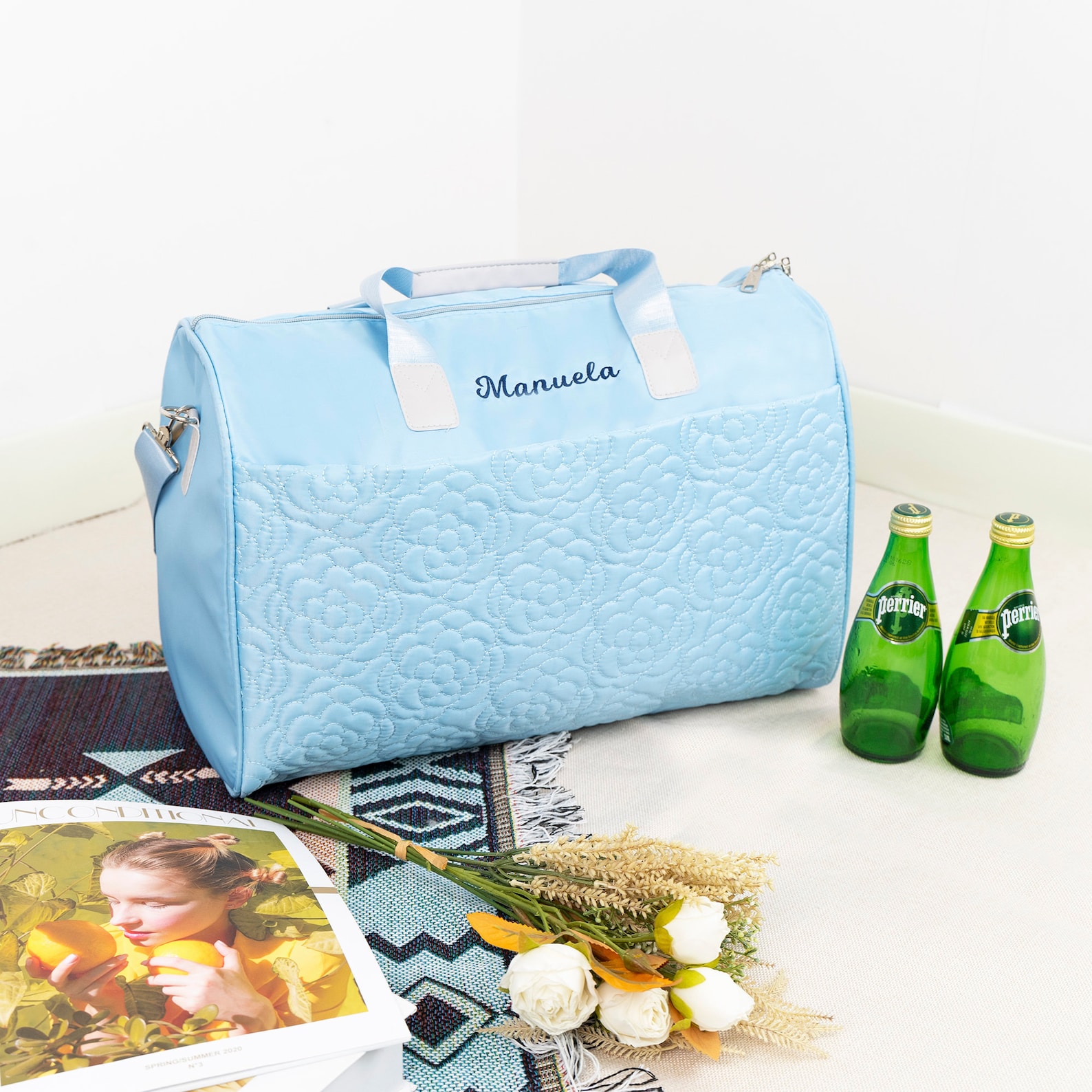 Personalized Embroidery Floral Oxford Fabric Duffle Bag