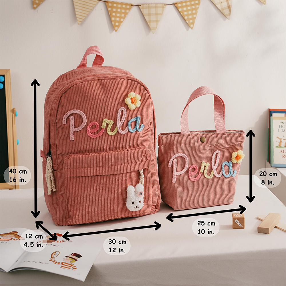 Personalized Hand Embroidery Corduroy Backpack and Handbag Set