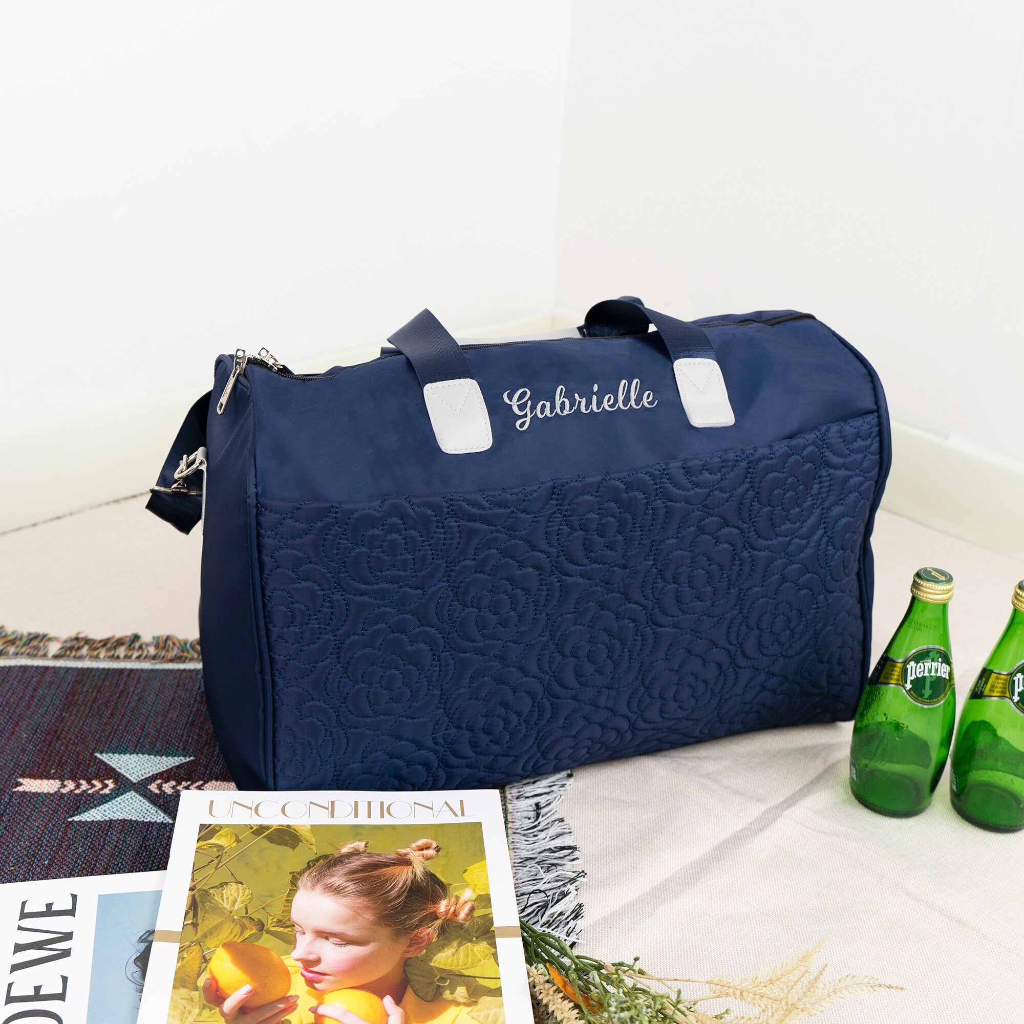 Personalized Embroidery Floral Oxford Fabric Duffle Bag