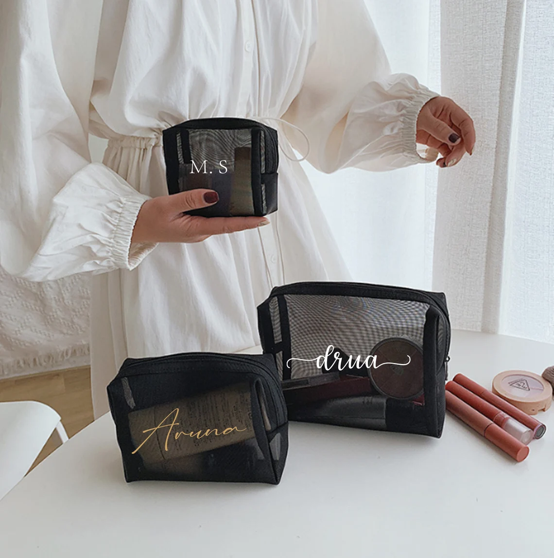 Personalized Zipper Mesh 3 Piece Set Makeup Bags