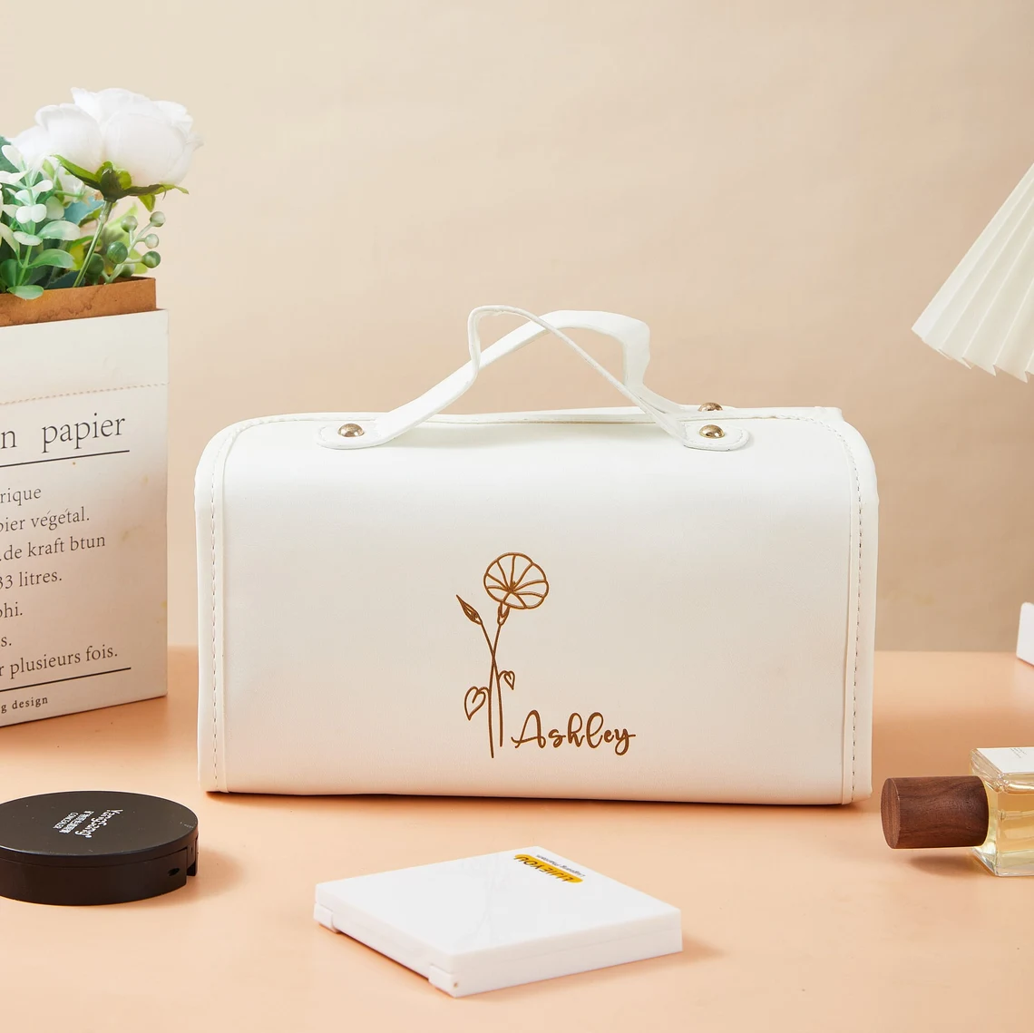 Personalized Multifunctional Birth Flowers Roll-Up Makeup Bag