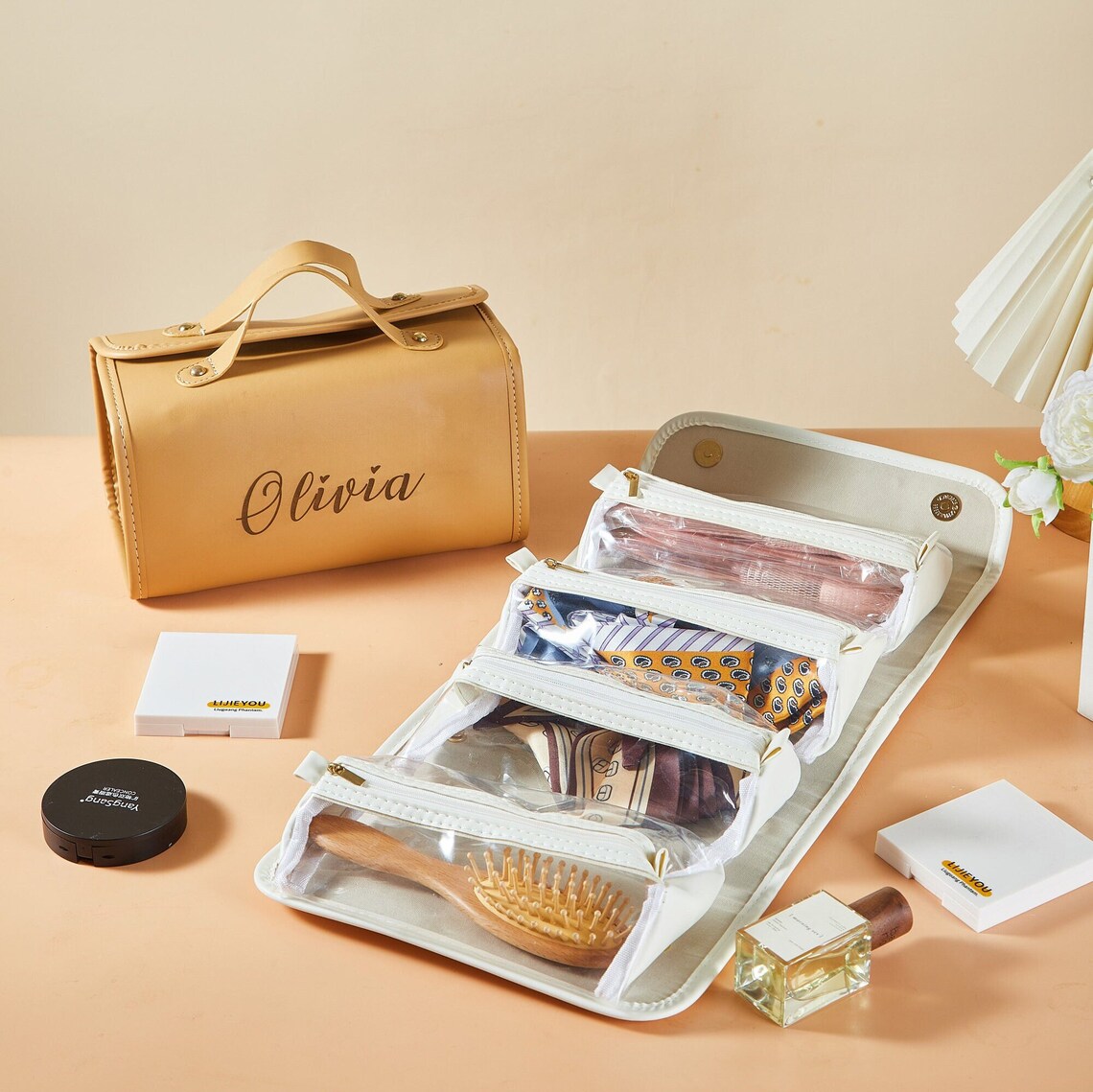 Personalized Multifunctional Birth Flowers Roll-Up Makeup Bag