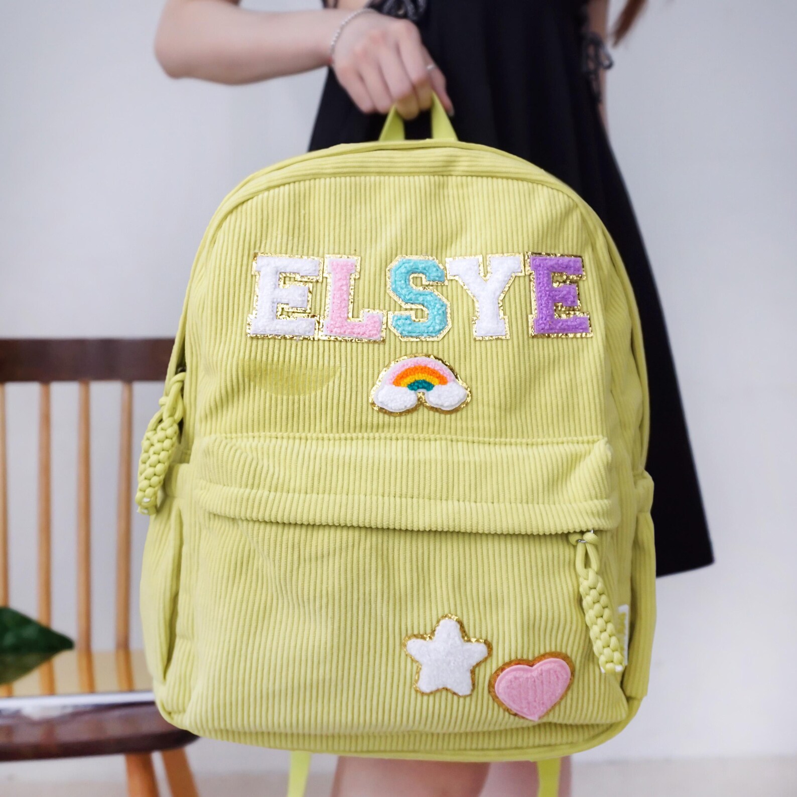 Personalized Chenille Letter Patch Corduroy Backpack