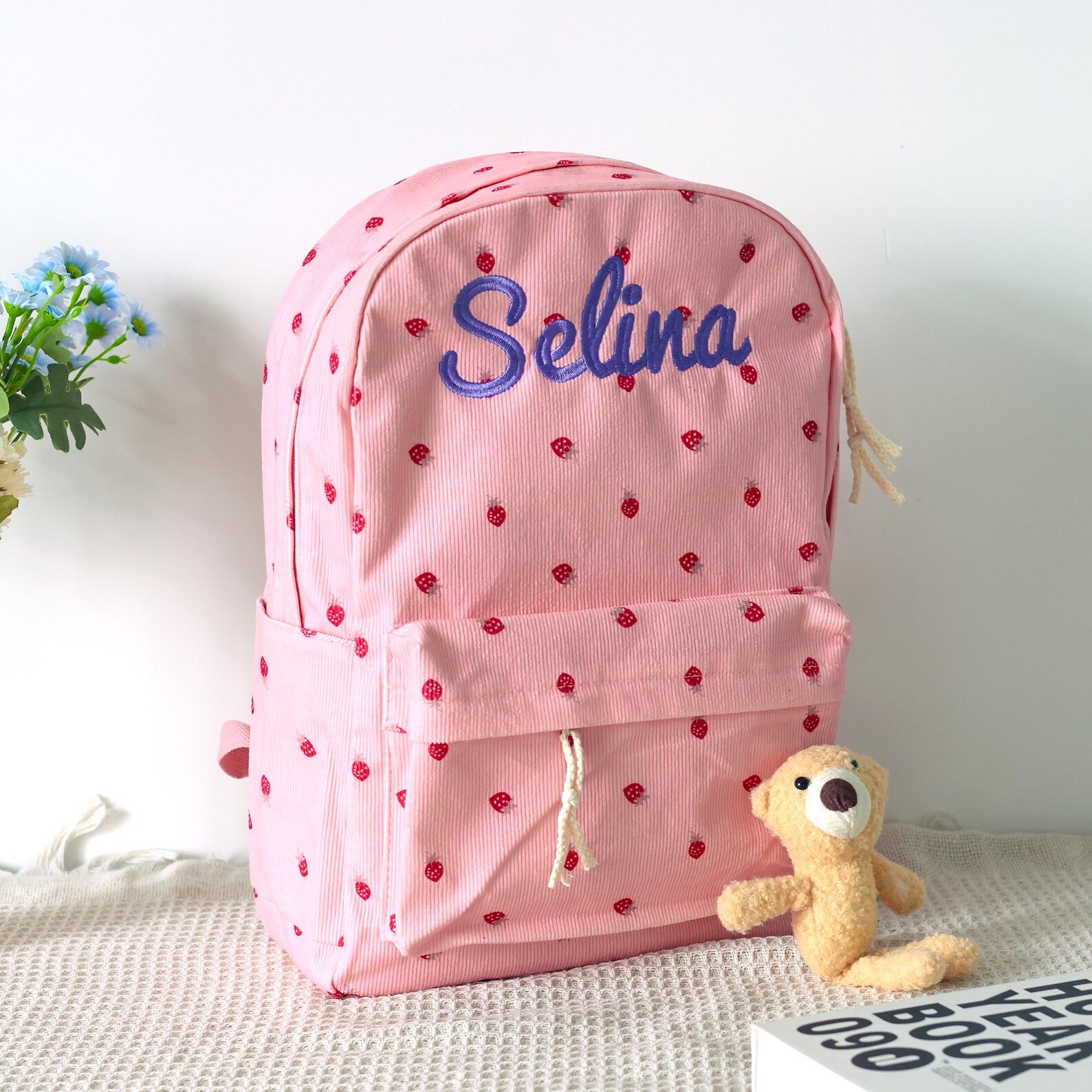Personalized Embroidery Corduroy Strawberry Backpack