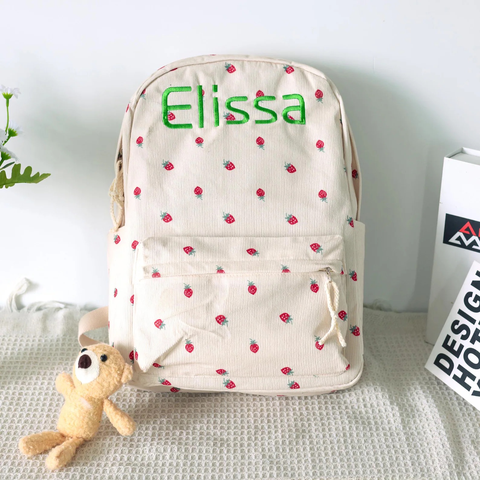 Personalized Embroidery Corduroy Strawberry Backpack