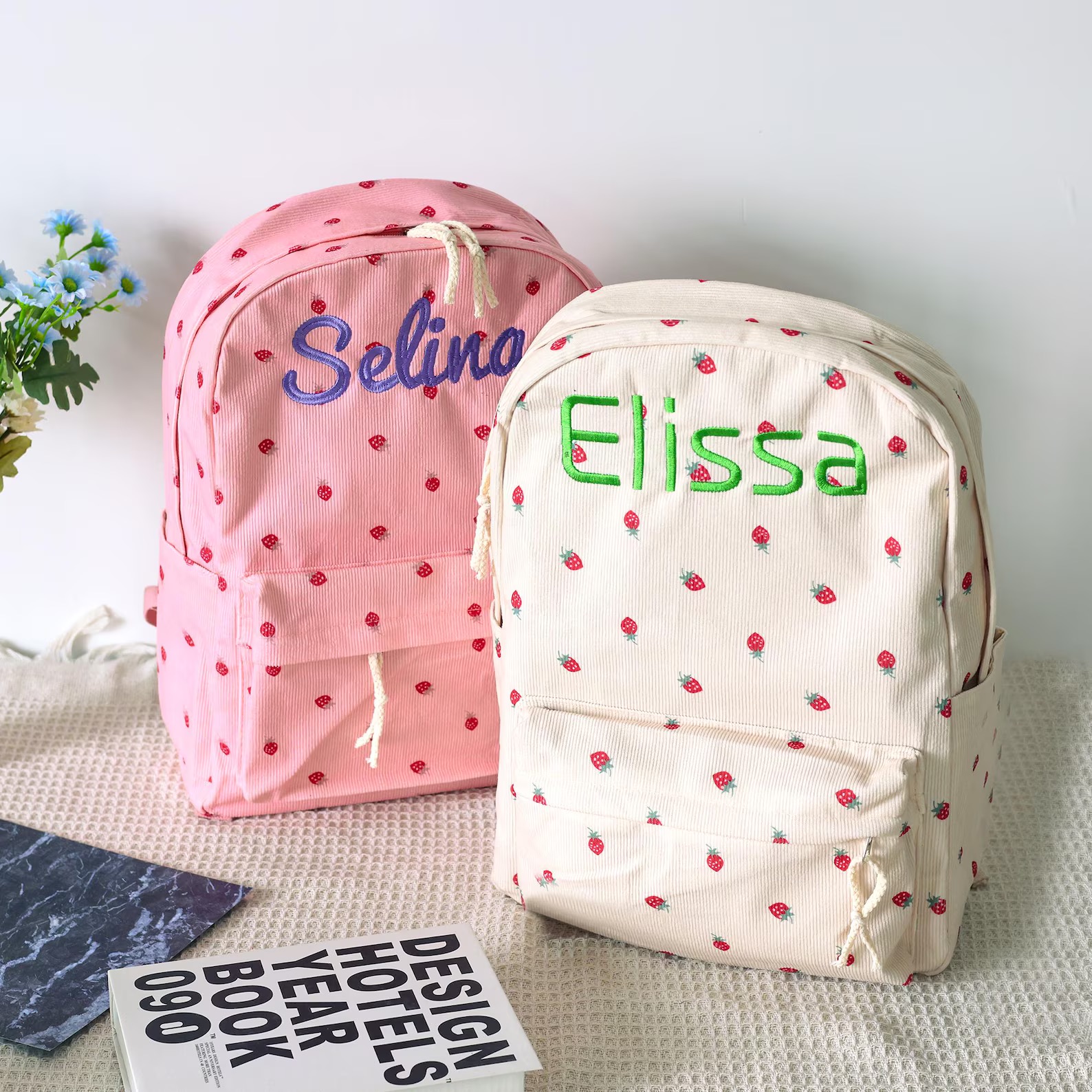 Personalized Embroidery Corduroy Strawberry Backpack