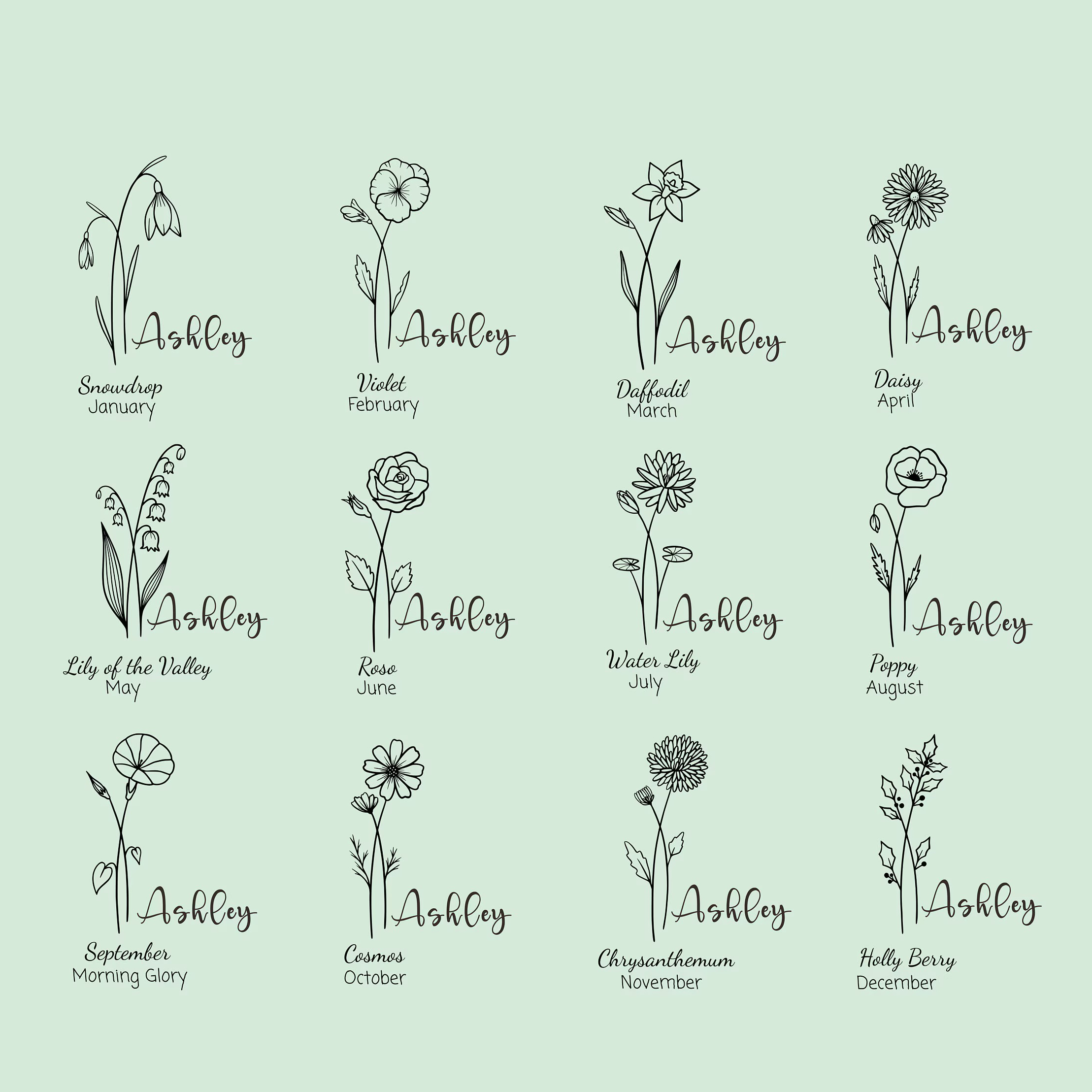 Personalized Multifunctional Birth Flowers Roll-Up Makeup Bag