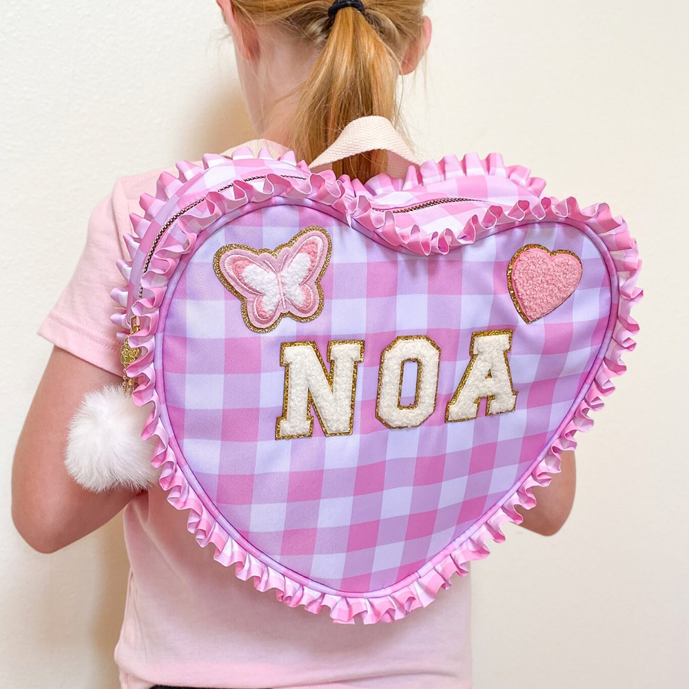 Personalized Chenille Patch Ruffle Heart Shape Backpack