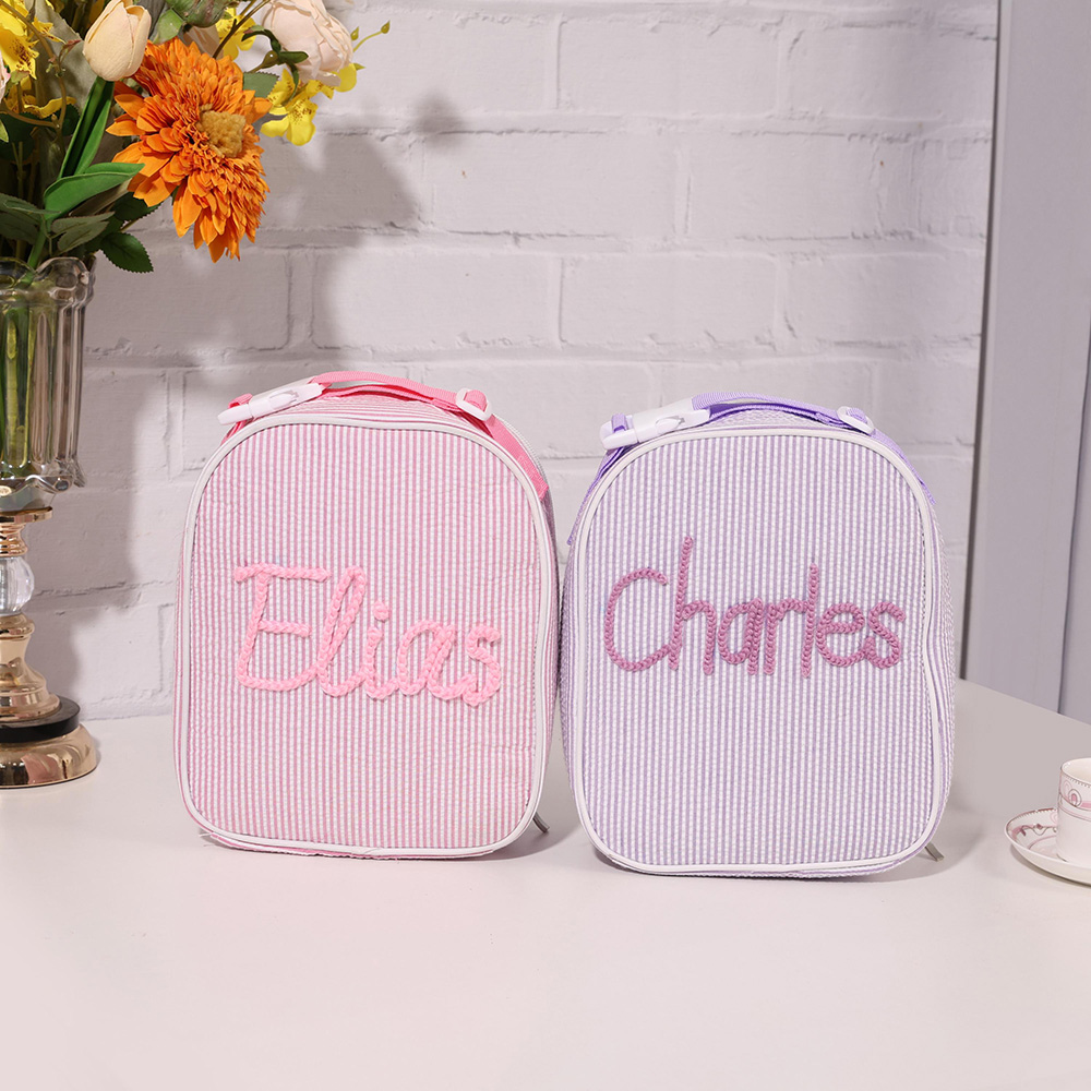 Personalized Kids Hand Embroidery Seersucker Lunch Bag