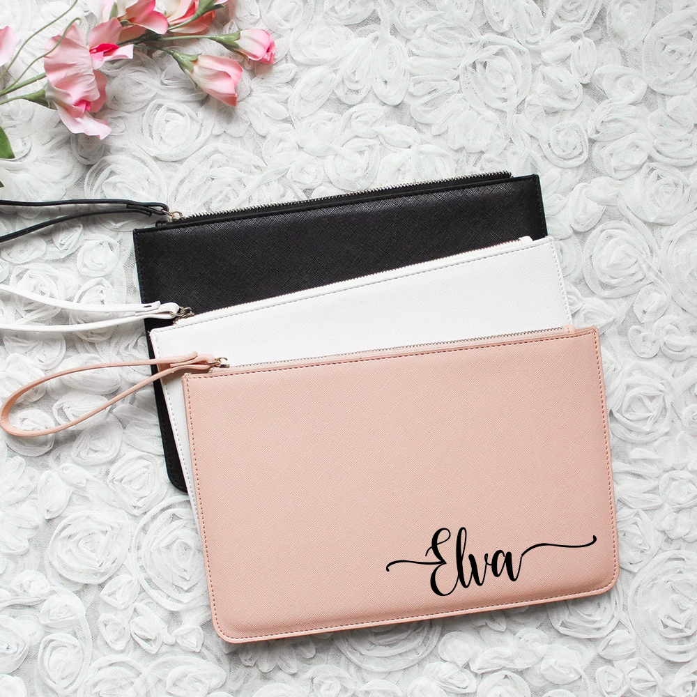 Personalised Linen Fine Grain Leather Makeup Clutch Bag