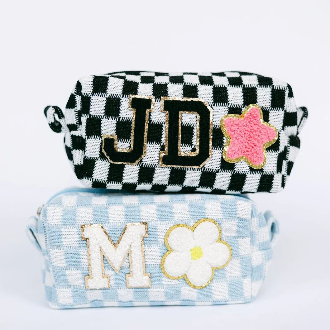 Personalized Checkered Chenille Patch Checkered Makeup Bag