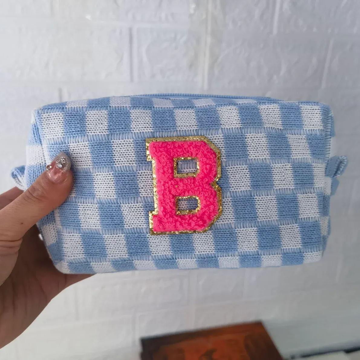 Personalized Checkered Chenille Patch Checkered Makeup Bag