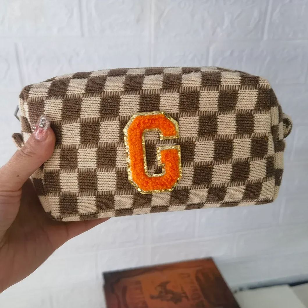 Personalized Checkered Chenille Patch Checkered Makeup Bag