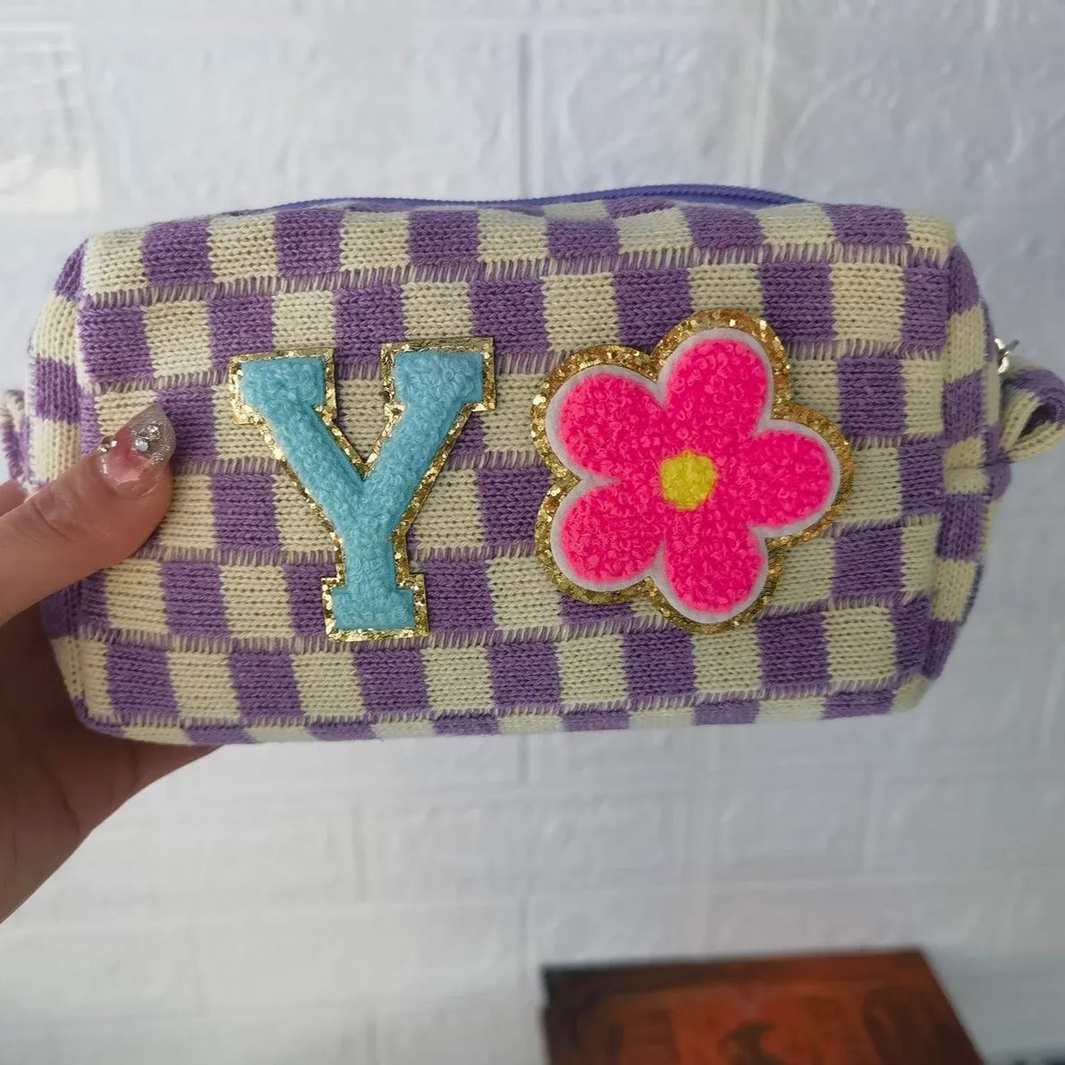 Personalized Checkered Chenille Patch Checkered Makeup Bag