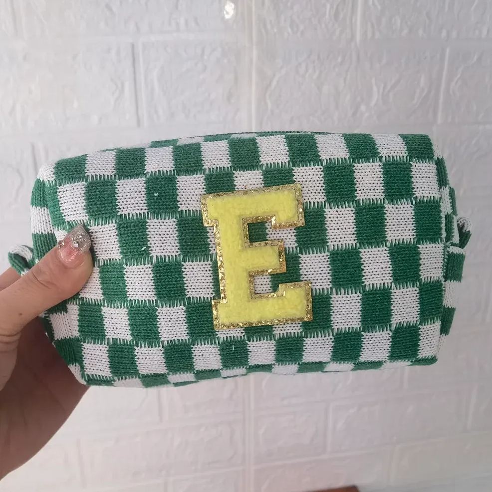 Personalized Checkered Chenille Patch Checkered Makeup Bag