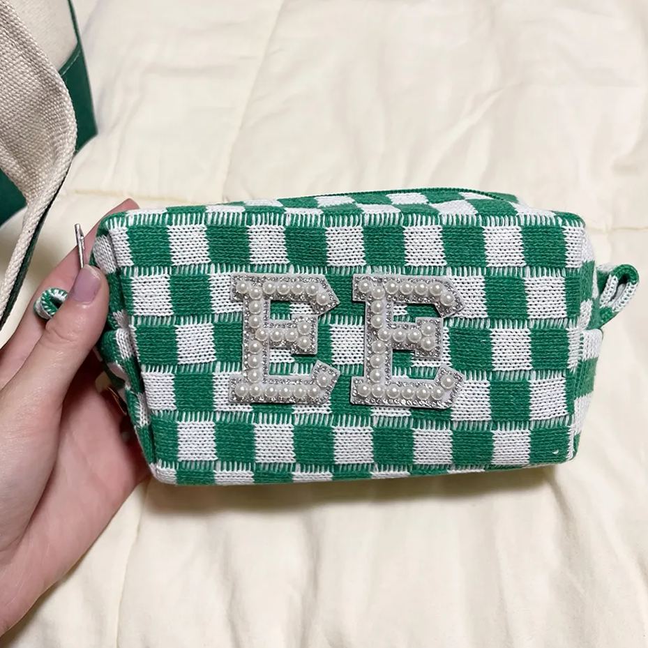 Personalized Checkered Pearl Patch Checkered Makeup Bag