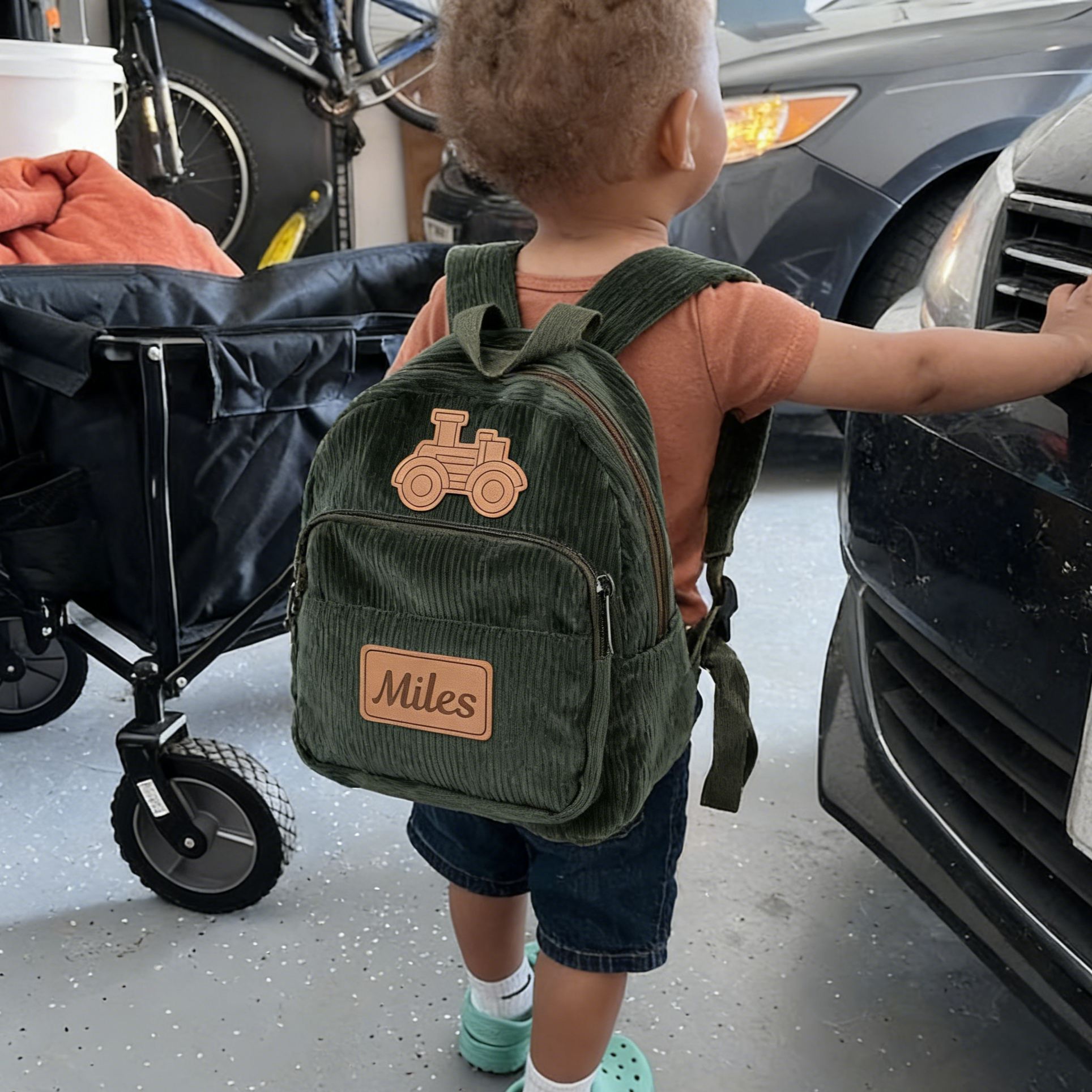 Personalized Kid Transportation Leather Label Corduroy Backpack