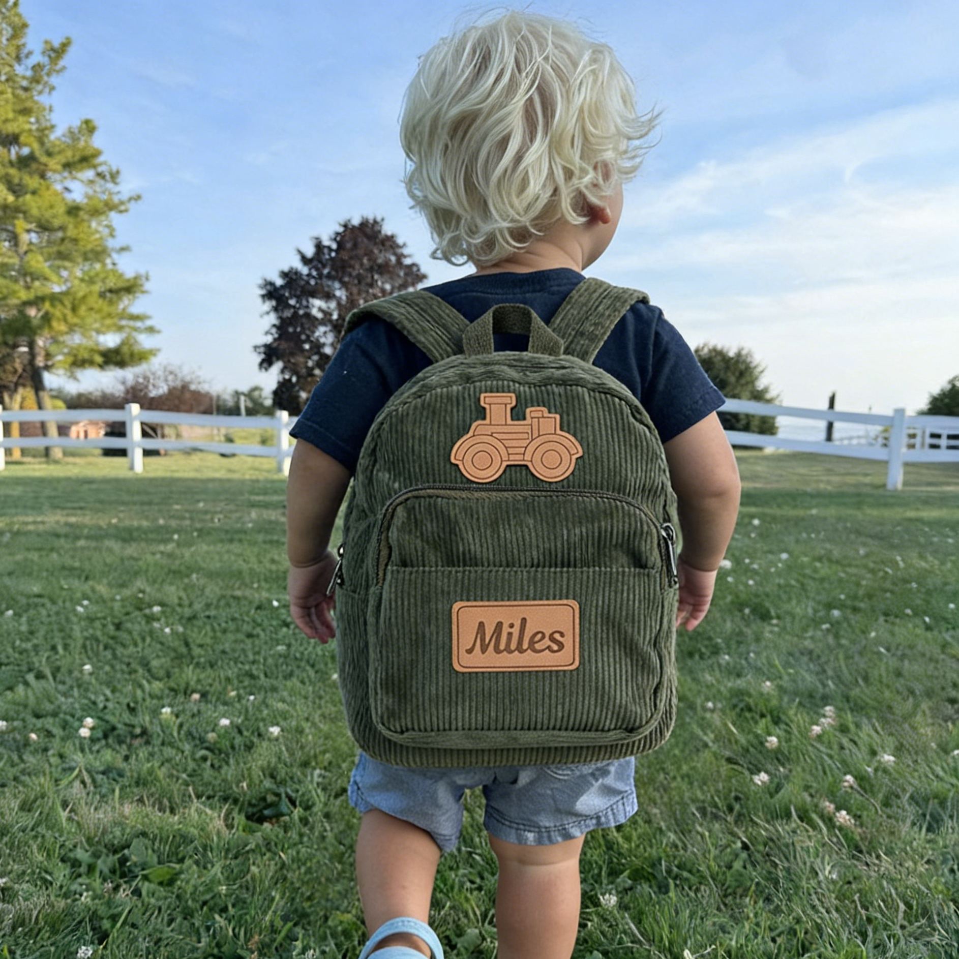 Personalized Kid Transportation Leather Label Corduroy Backpack