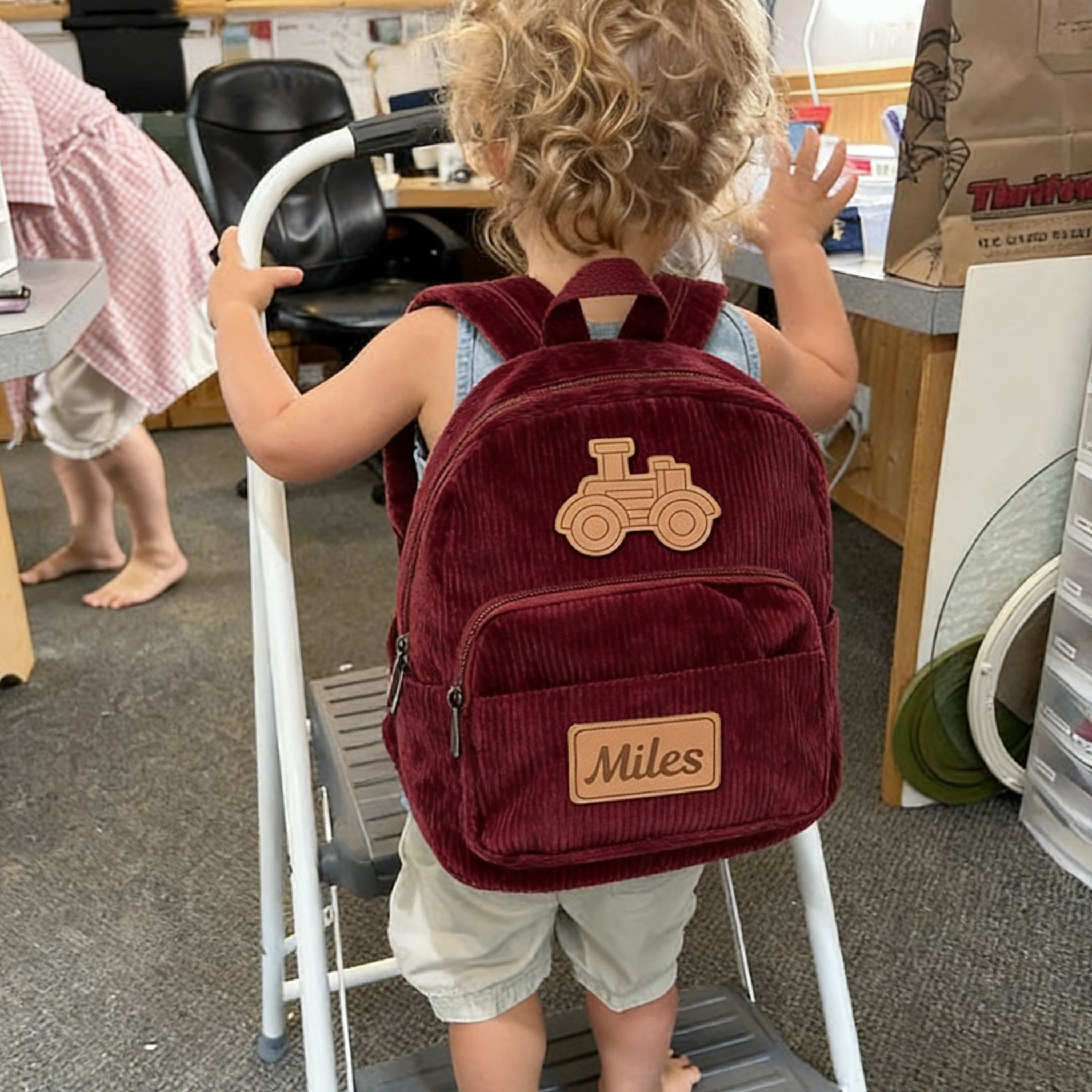 Personalized Kid Transportation Leather Label Corduroy Backpack
