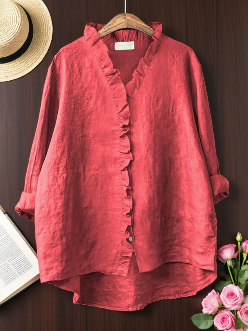 Casual Cotton Linen Plus Size Ruffle Shirt